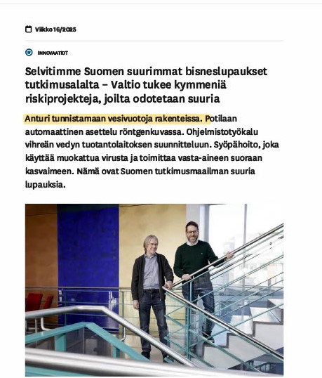 Finnish news article on the investment in HydroDetector.